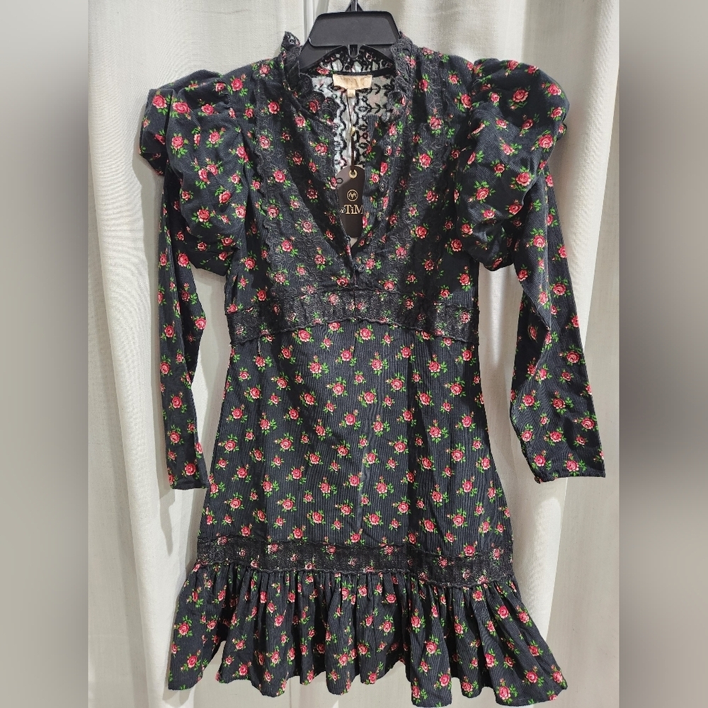 Nwt byTiMo Floral‎ Baby Cord Puffed sleeve Mini Dress XS